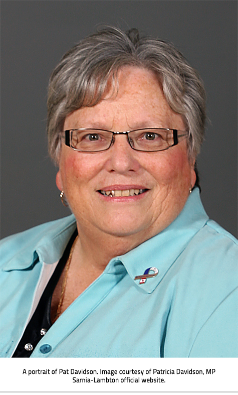 (Portrait style photo of Patricia Davidson. Image Caption:"A portrait of Pat Davidson. Image courtesy of Patricia Davidson, MP Sarnia-Lambton official website."),link.