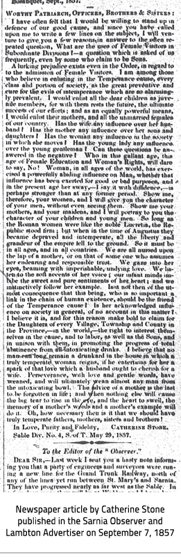 (Image Caption: "Newspaper article by Catherine Stone published in the Sarnia Observer and Lambton Advertiser on September 7, 1857"), link.