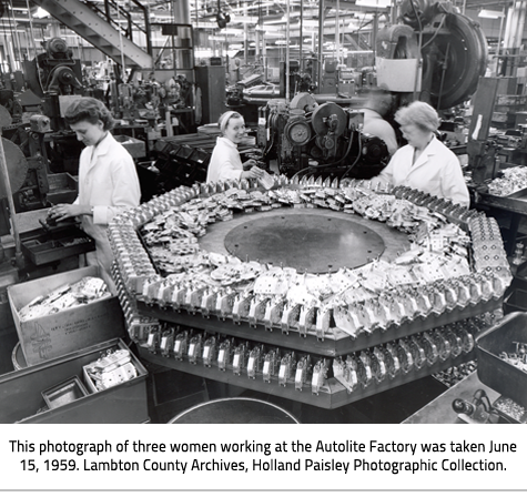 (Image Caption: "This photograph of three women working at the Autolite Factory was taken June 15, 1959. Lambton County Libraries, Paisley Photographic Collection."), link.