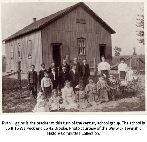 (Children and teacher pose in front of a one room school house. Image Caption: "Ruth Higgins is the teacher of this turn of the century school group. The school is SS # 16 Warwick and SS #2 Brooke. Photo courtesy of the Warwick Township History Committee Collection."), link.