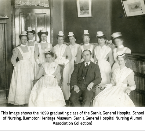 (Image Caption: "This image shows the 1899 graduating class of the Sarnia General Hospital School of Nursing. (Lambton Heritage Museum, Sarnia General Hospital Nursing Alumni Association Collection)"), link.