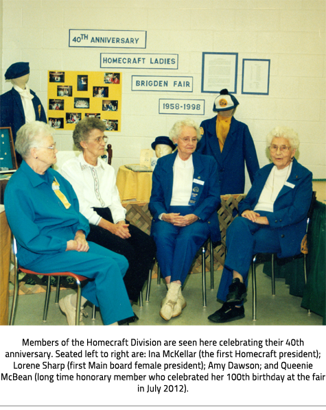 (Older women sit in front of a display, "40th Anniversary Homecraft Ladies Brigden Fair 1958-1998"Image Caption: 'Members of the Homecraft Division are seen here celebrating their 40th anniversary. Seated left to right are: Ina McKellar (the first Homecraft president); Lorene Sharp (first Main board female president); Amy Dawson; and Queenie McBean (long time honorary member who celebrated her 100th birthday at the fair in July 2012)."), link.