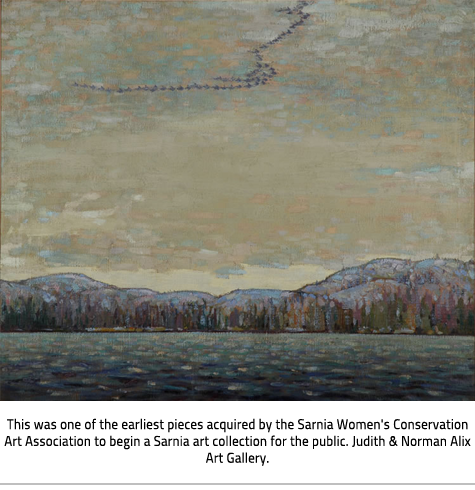 (Dark toned painting of a coastline. The trees and water are multi-colored and birds can be seen flying south for the winter in the grey sky. Image Caption:"  This was one of the earliest pieces acquired by the Sarnia Women's Conservation Art Association to begin a Sarnia art collection for the public. Judith & Norman Alix Art Gallery."), link.