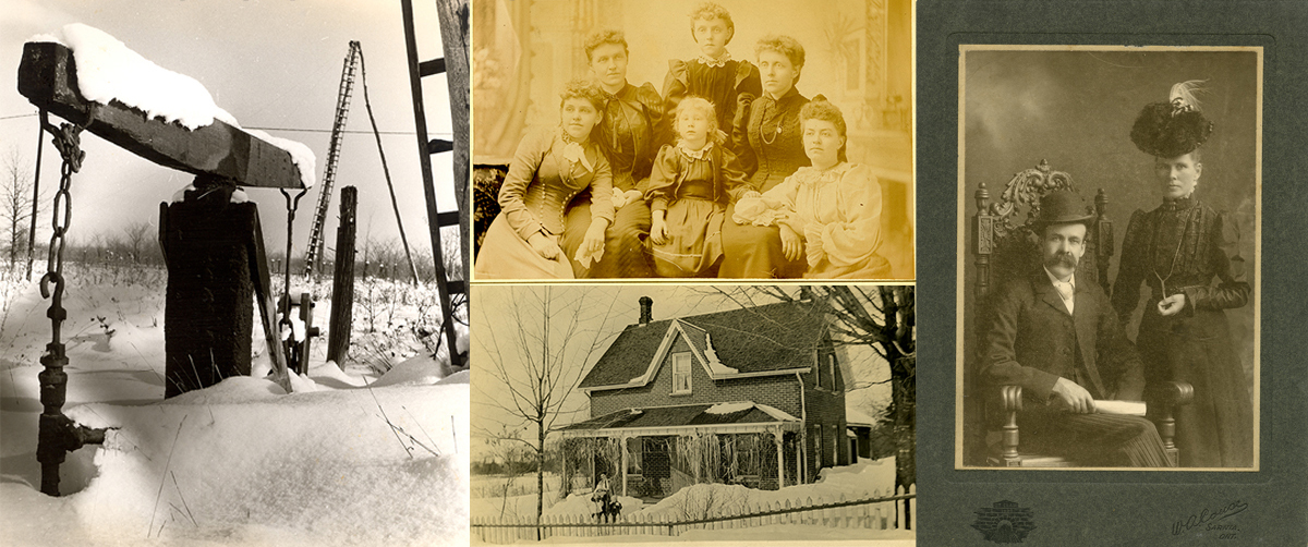 Four images, jackpump, man sitting and lady standing, four women and a child sitting, women and child walking from house.