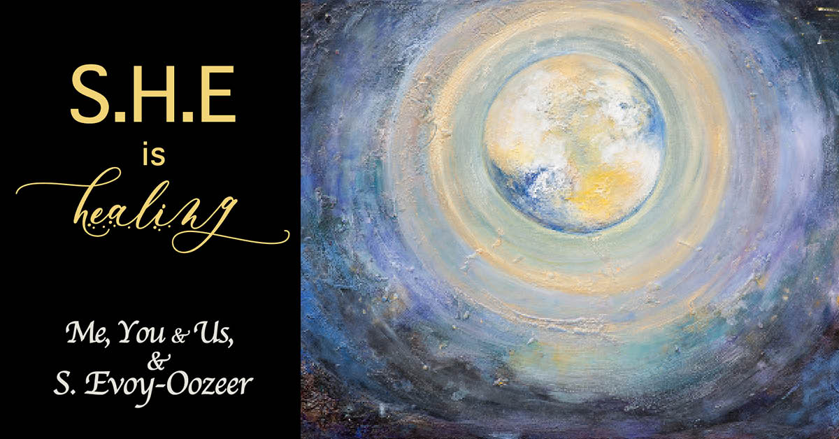 An image of Suellen Evoy-Oozeer's painting Moon Shadow of a round yellow moon in a dark blue sky next to the words S.H.E. is Healing