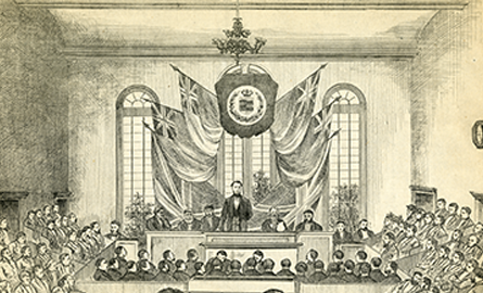Drawing of men in a courtroom.