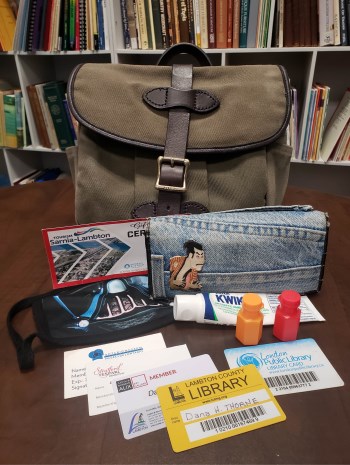 Bag with items on a table.