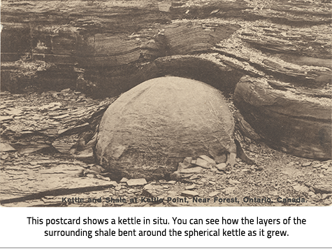 (A sepia toned post card showing a large sphere (kettle) breaking free of the ground and stone surrounding it. The text at the bottom reads: Kettle and Shale at Kettle Point, Near Forest, Ontario, Canada. Image Caption: "This postcard shows a kettle in situ. You can see how the layers of the surrounding shale bent around the spherical kettle as it grew. "), link.