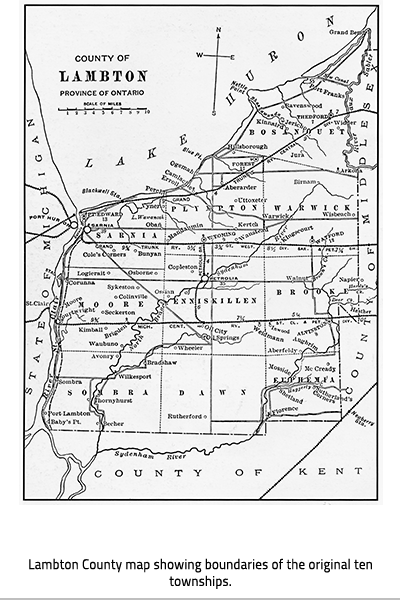 Map of Lambton County with text at bottom, "Lambton County map showing boundaries of the original ten townships."