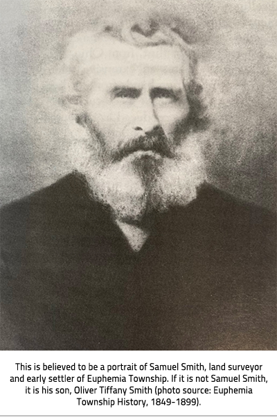Black and white headshot of a man with a beard with text at the bottom of the image, "This is believed to be a portrait of Samuel Smith, land surveyor and early settler of Euphemia Township. If it is not Samuel Smith, it is his son, Oliver Tiffany Smith (photo source: Euphemia Township History, 1849-1899)."