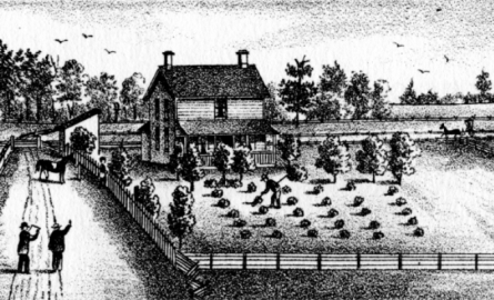 Black and white image of a farm.