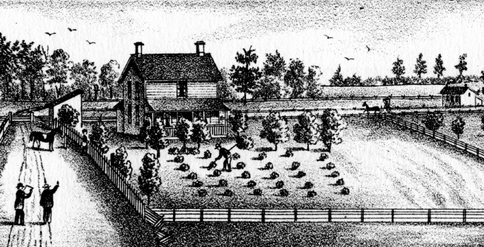 Black and white drawing of a farm.