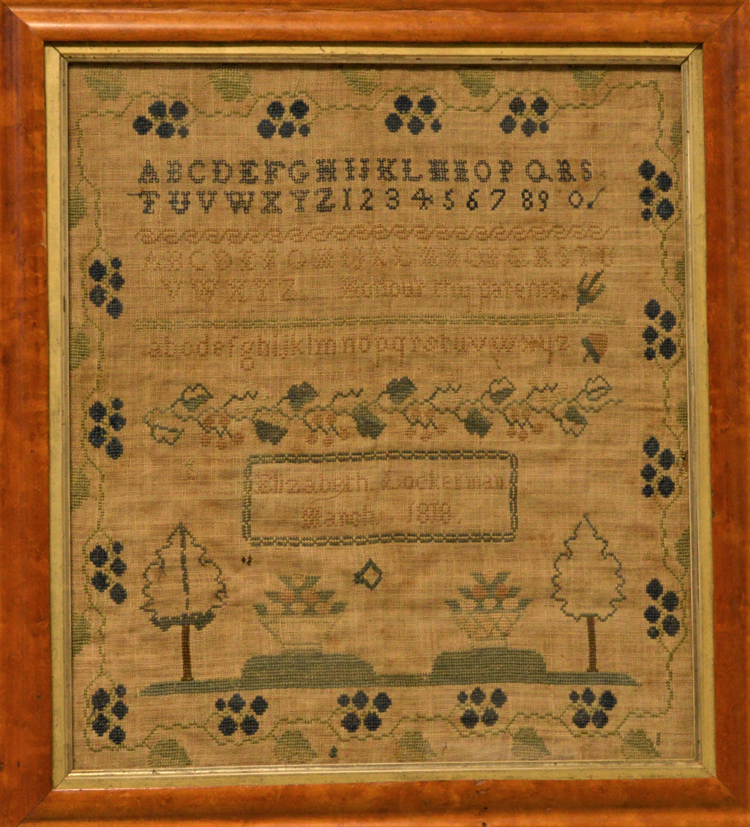 Elizabeth Lockerman sampler, on display at Lambton Heritage Museum