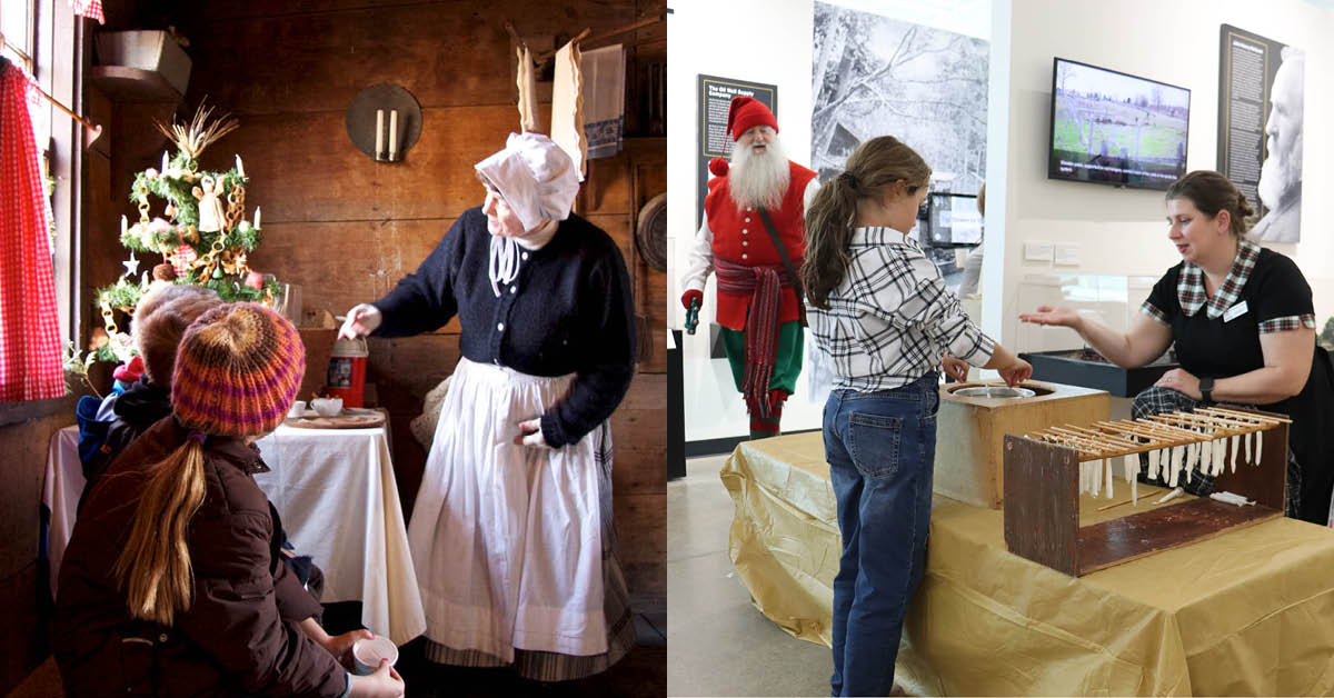 Two images combined. The first has a woman in pioneer clothing serving apple cider to two children. The second features Oil Museum staff showing a child how to dip candles while Victorian Santa walks by.