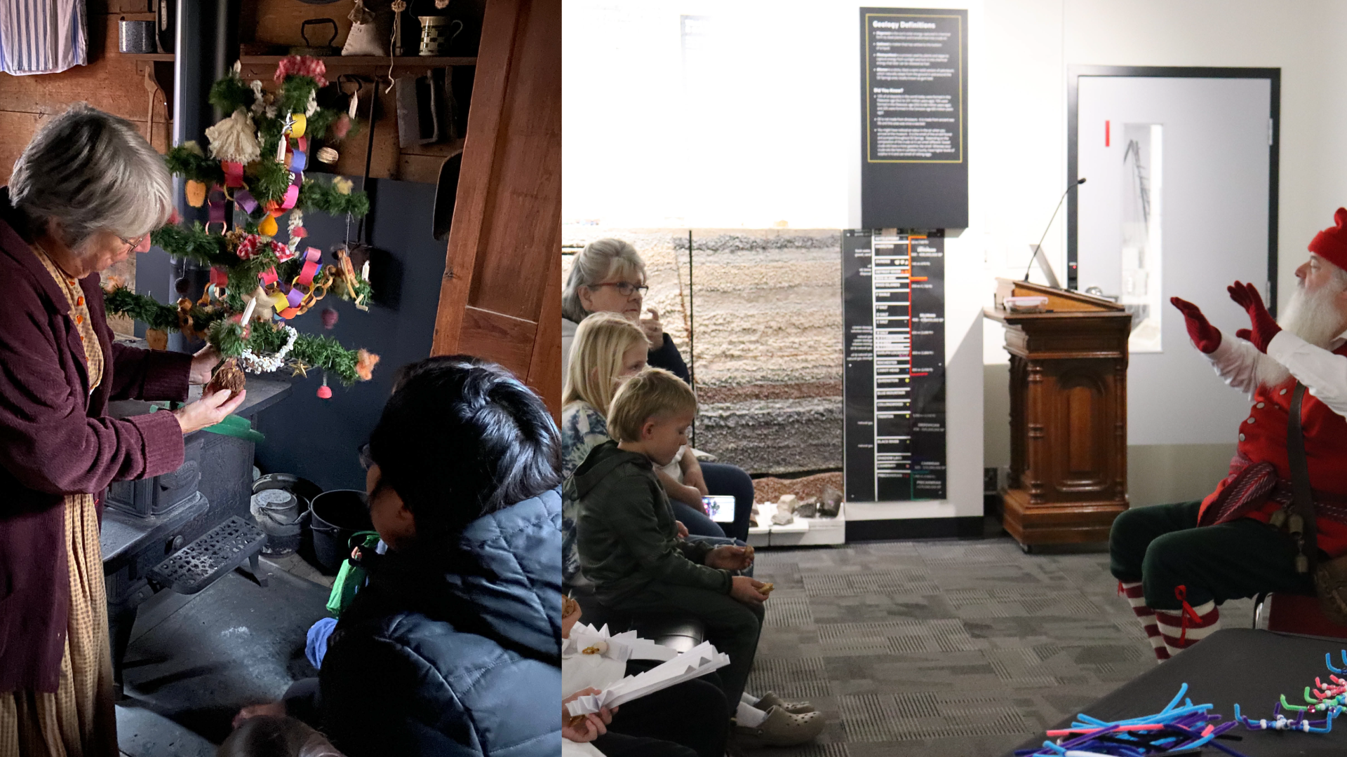 a photo collage featuring a costumed interpreter explaining historic tree decorations in the Tudhop House at Lambton Heritage Museum, and families listening to holiday stories from Victorian Santa at the Oil Museum of Canada in 2024. 