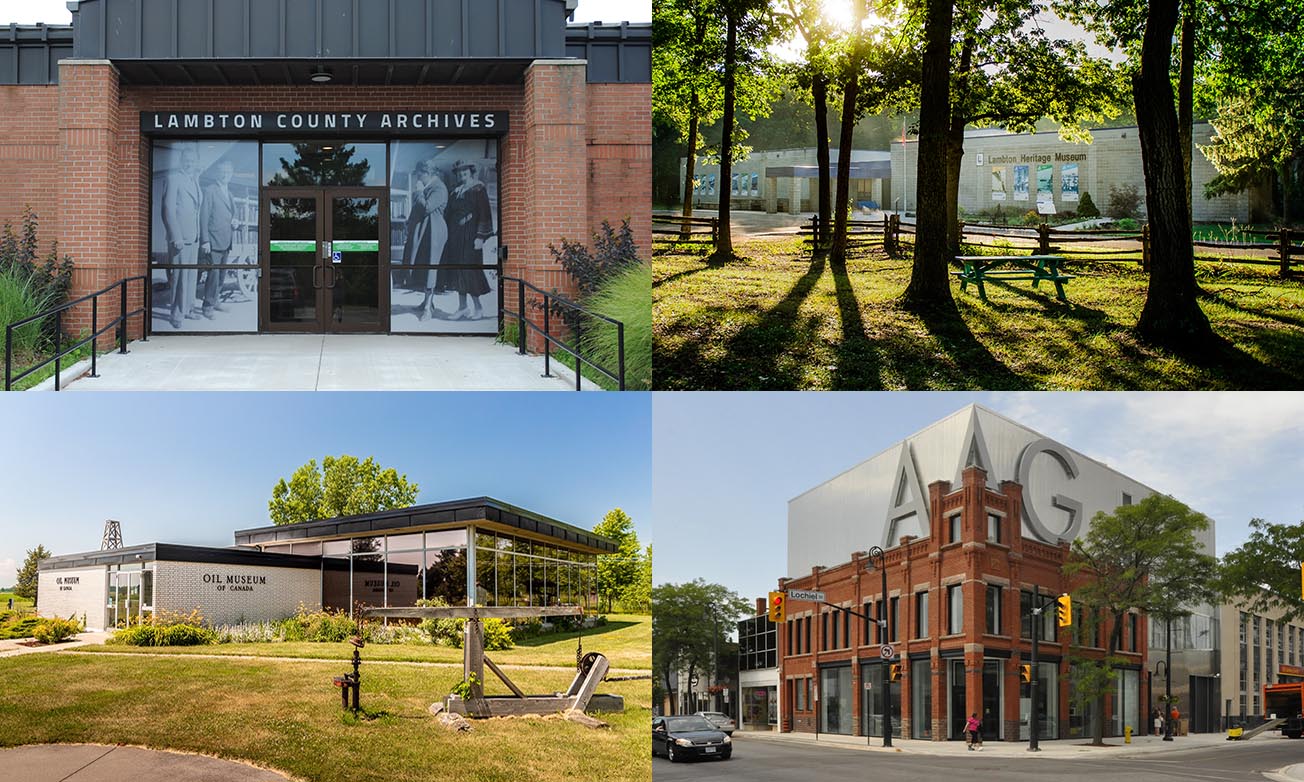 Four images. Top left - red brick building with black and white images of people on either side of door with green sign with text, "Lambton County Archives". Top Right - Trees with white brick building in background, sign on side of building with text, "Lambton Heritage Museum". Bottom Left - White brick building with glass windows, and a sign on wall with text, "Oil Museum of Canada". Bottom Right - Street corner with red brick building in back with text, "AAG".