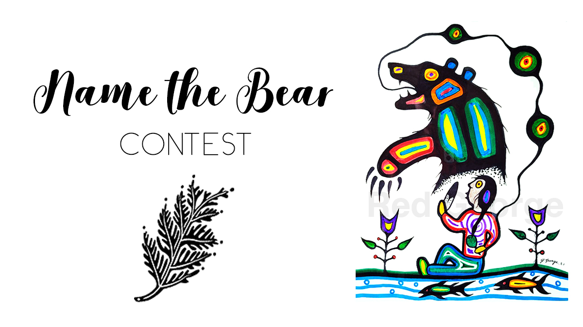 Graphic with a feather, fish and cartoon indigenous person with text, "Name That Bear Contest".