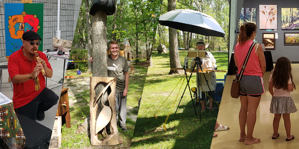 Four sections - First section has a man using a recorder, second section has a man standing beside a tree with a wood craft, third section has a lady standing in front of an hold camera with an umbrella above her, Fourth section has a woman and child standing in front of a painting.