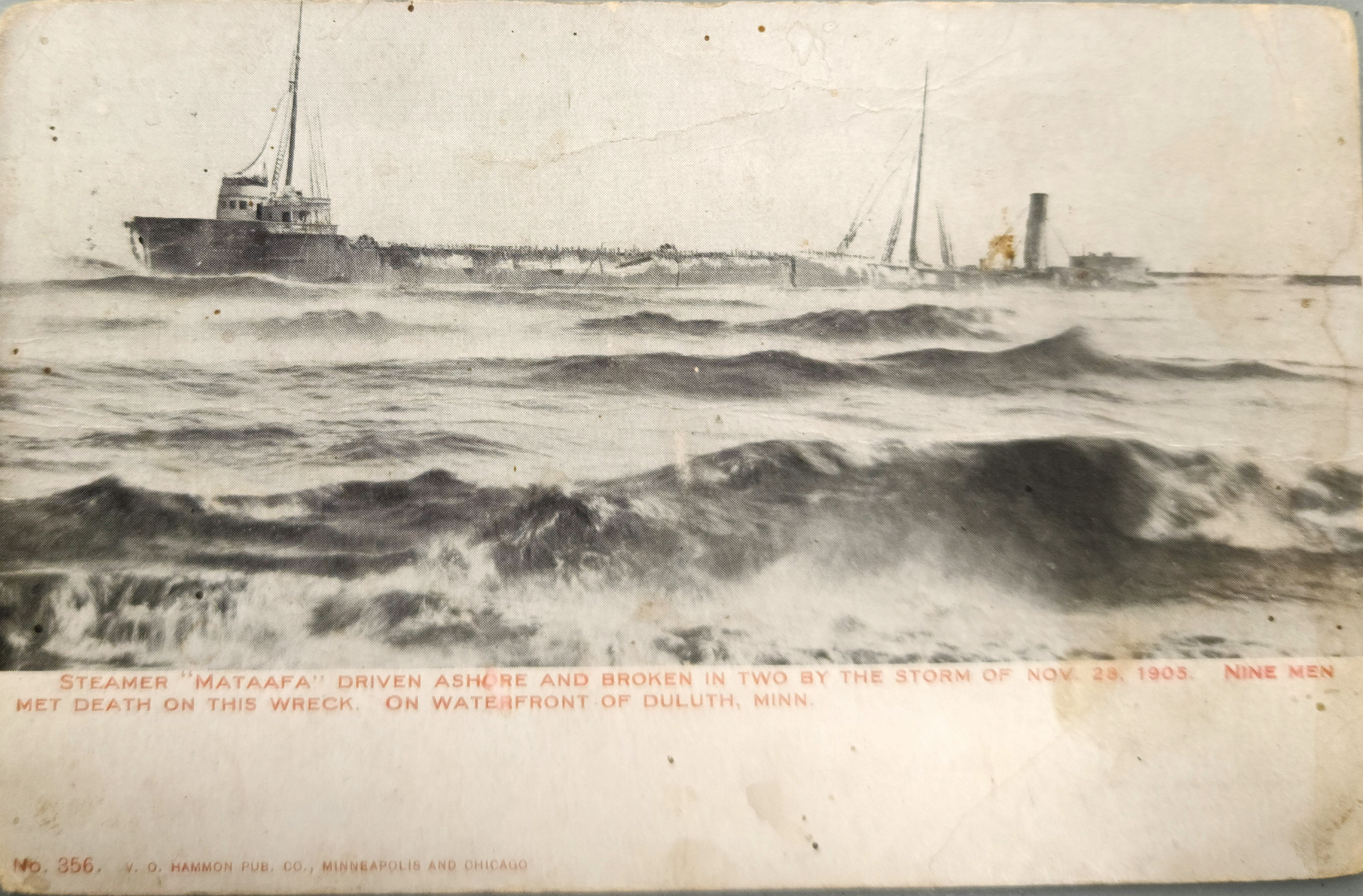 A postcard from the Sombra Museum Archival Collection depicting the steamship 'MATAAFA' after it was wrecked in a storm on November 28, 1905, near Duluth, Minnesota.