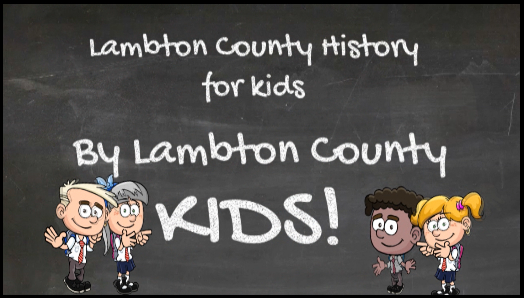 Chalkboard background with four cartoon characters with text,
