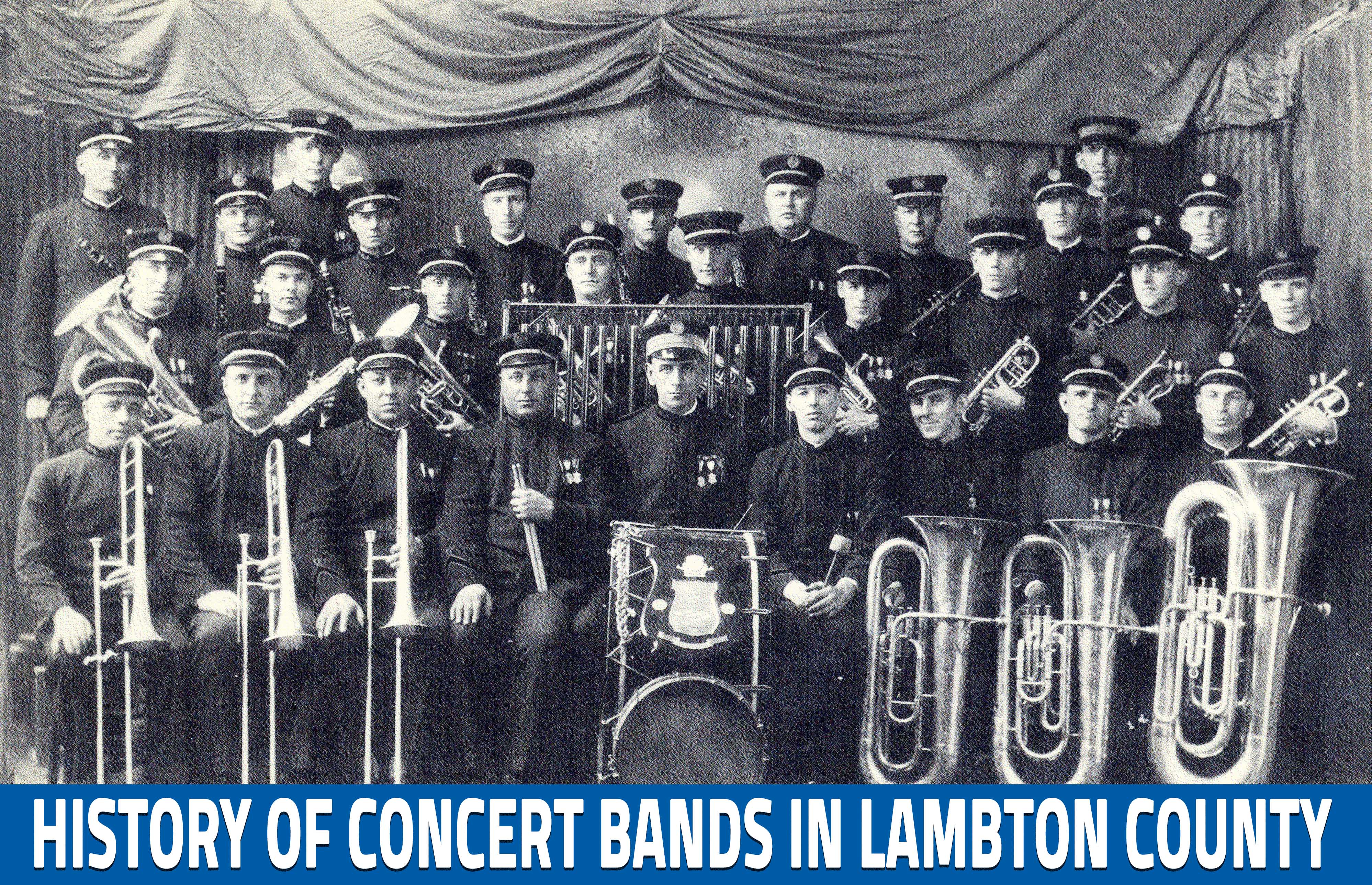 Band standing together with text banner at bottom, "History of Concert Bands in Lambton County".