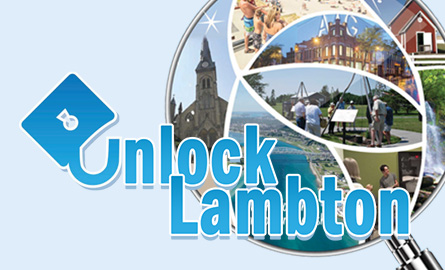 Magnifying glass with locations inside glass and text overlay, "Unlock Lambton".