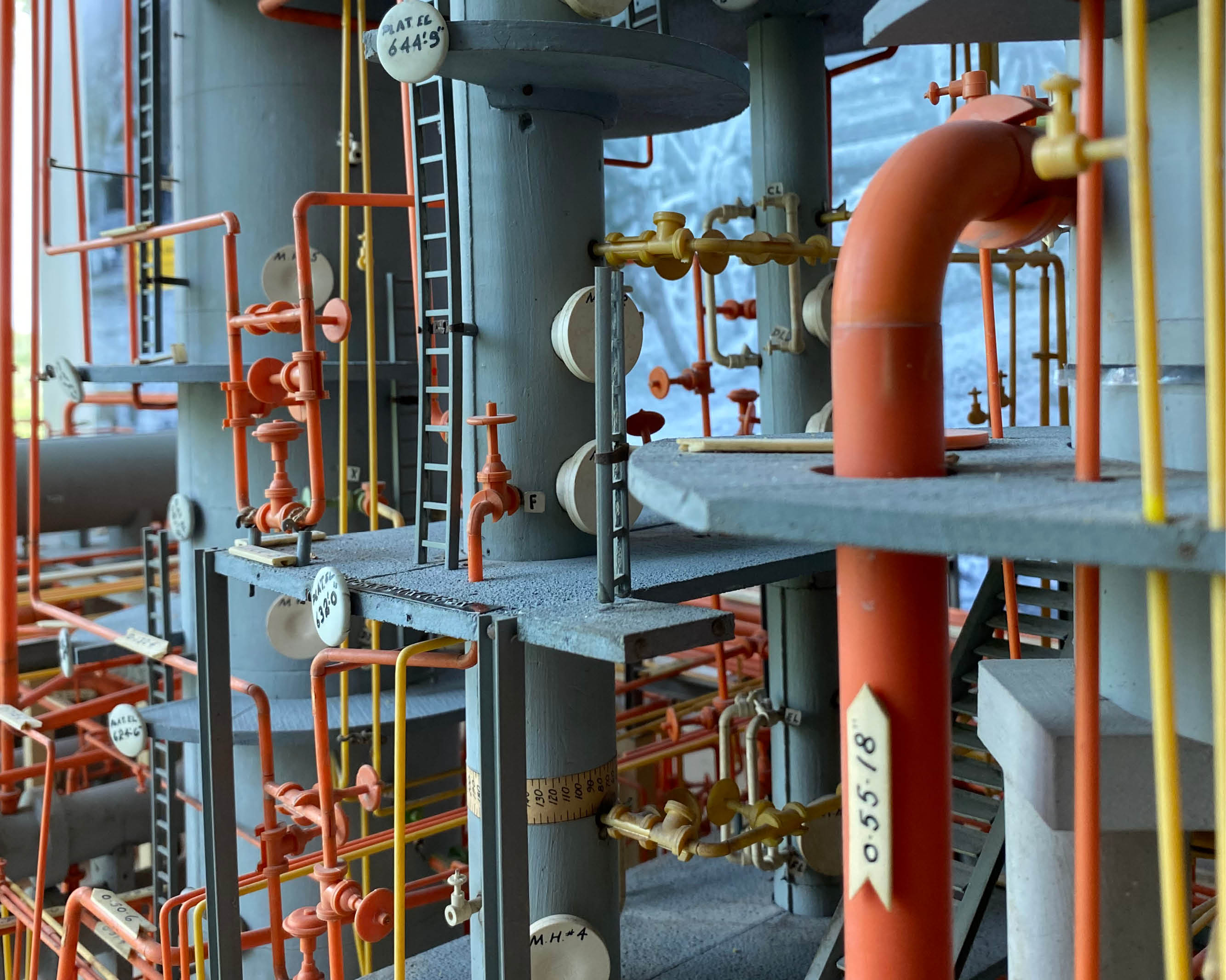 A close-up view of the Shell Refinery Model in the Oil Museum's main gallery.