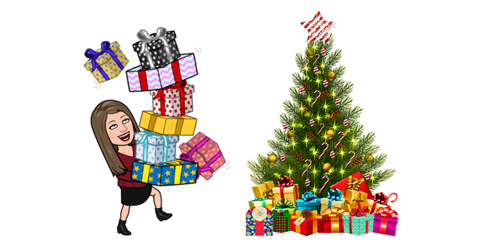 Bitmoji holding presents next to a Christmas tree.