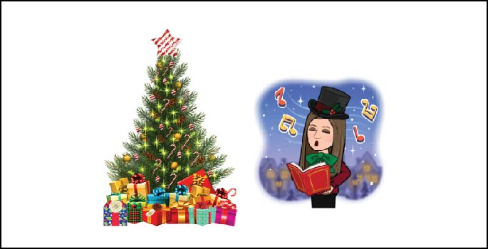 Cartoon of Christmas tree and caroler.