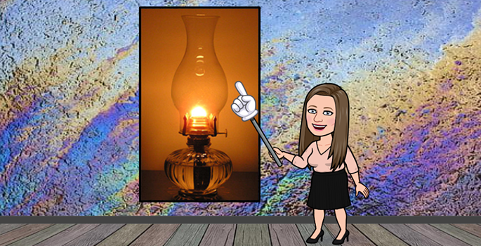 Bitmji pointing to an oil lantern.