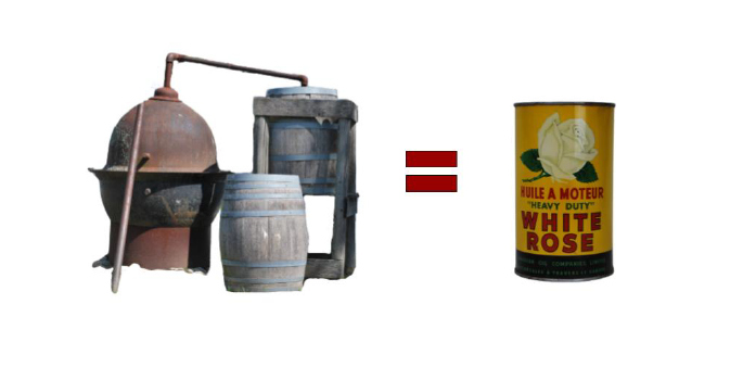 Traditional refinery, red equal sign, white rose can.