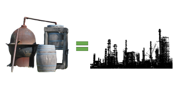 Tradition refinery, green plus sign, black and white modern refinery.