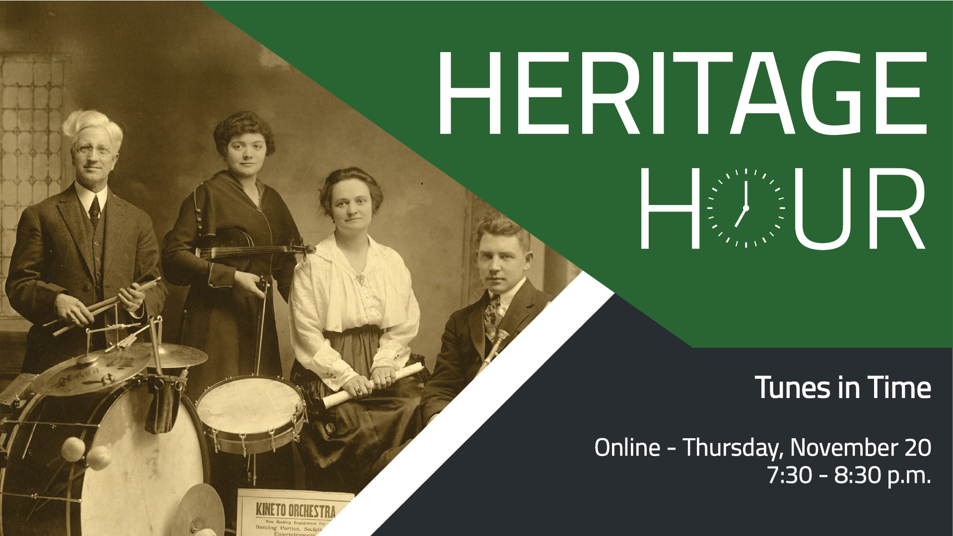 Promotional graphic for "Heritage Hour: Tunes in Time" that includes a photo of the Forest Kineto Theatre Orchestra, alongside text that outlines the event details.