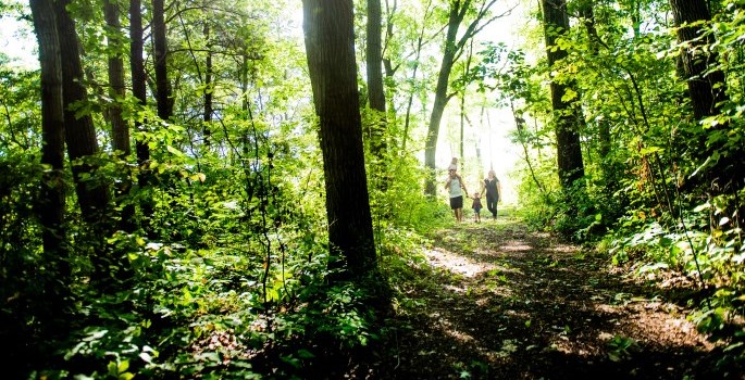 Family walking the Woodland Heritage Trail.
